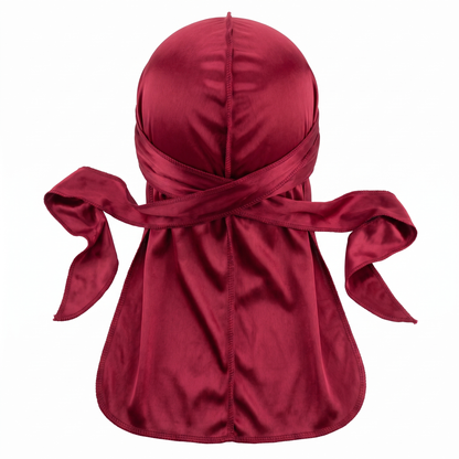 Premium Cherry Red  Silk Durag - premium heavy silky durag back view showing wrap straps, tail and stitching