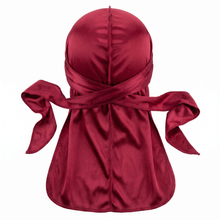 Premium Cherry Red  Silk Durag - premium heavy silky durag back view showing wrap straps, tail and stitching