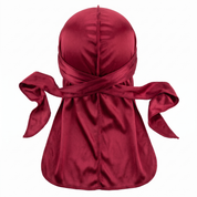 Premium Cherry Red  Silk Durag - premium heavy silky durag back view showing wrap straps, tail and stitching