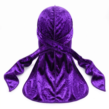 Premium Crushed Velvet Concord Purple Durag - premium velvet durag back view showing wrap straps, tail and stitching