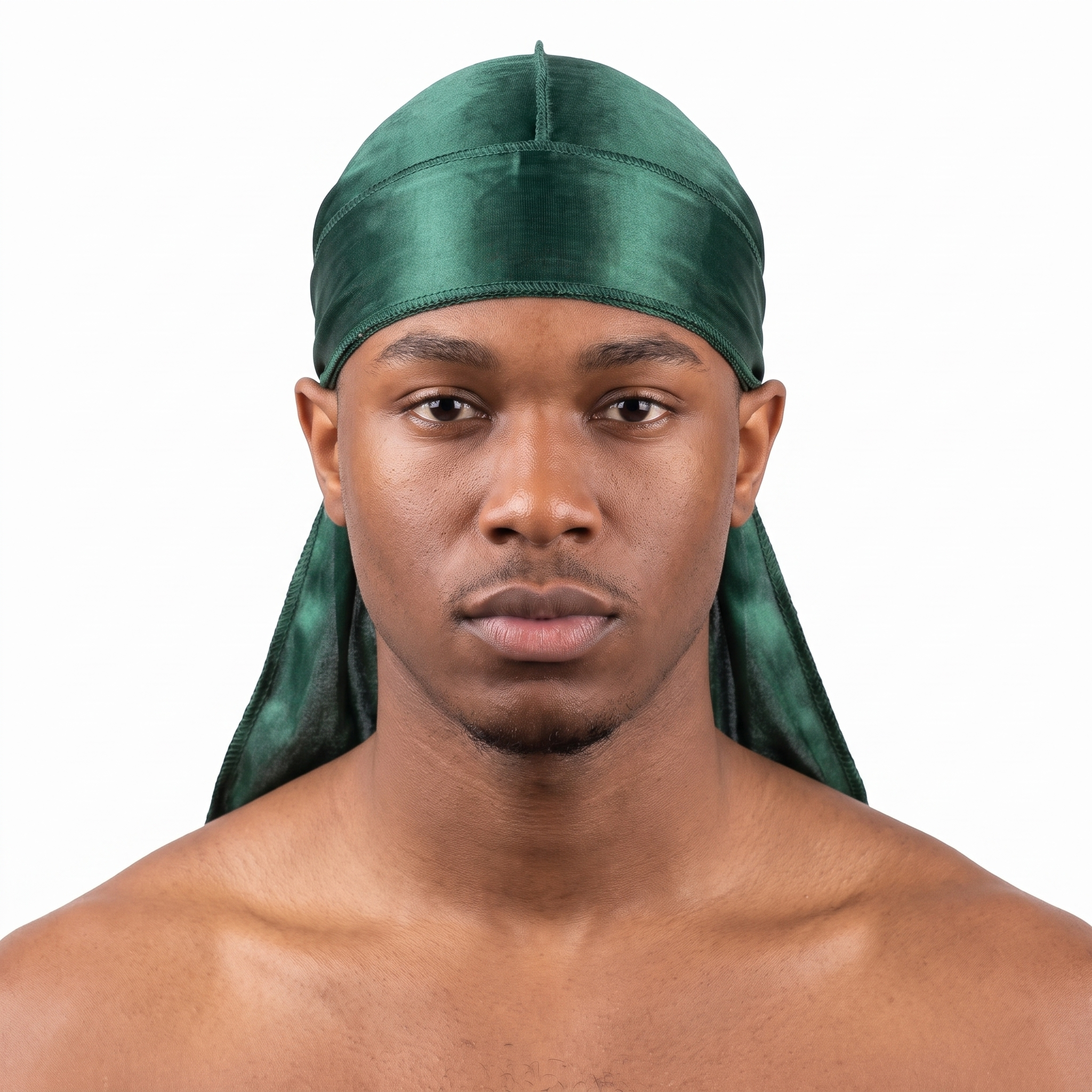 Premium Silk Durag Forest Green worn by male model, front view on white background