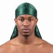 Premium Silk Durag Forest Green worn by male model, front view on white background
