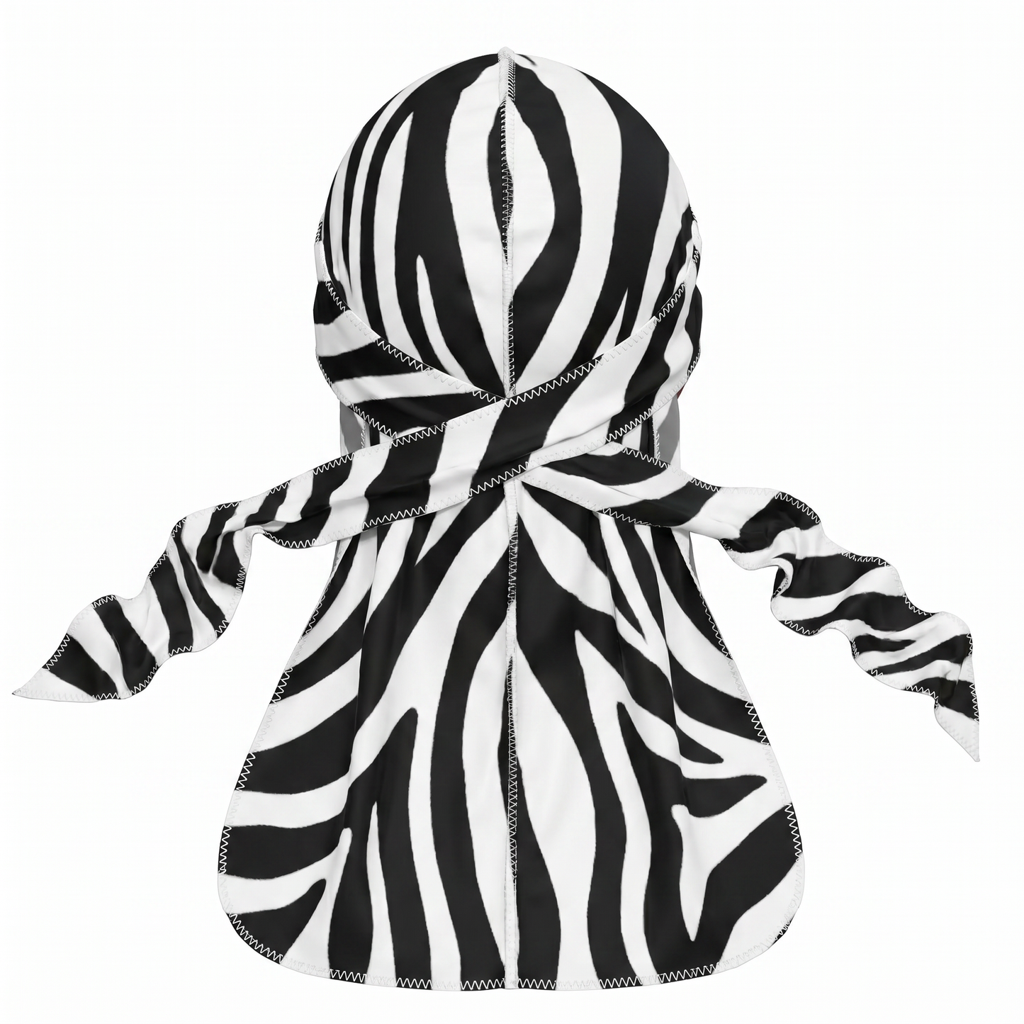 Zebra White animal print Satin Silky Durag - premium silky durag back view showing wrap straps, tail and stitching