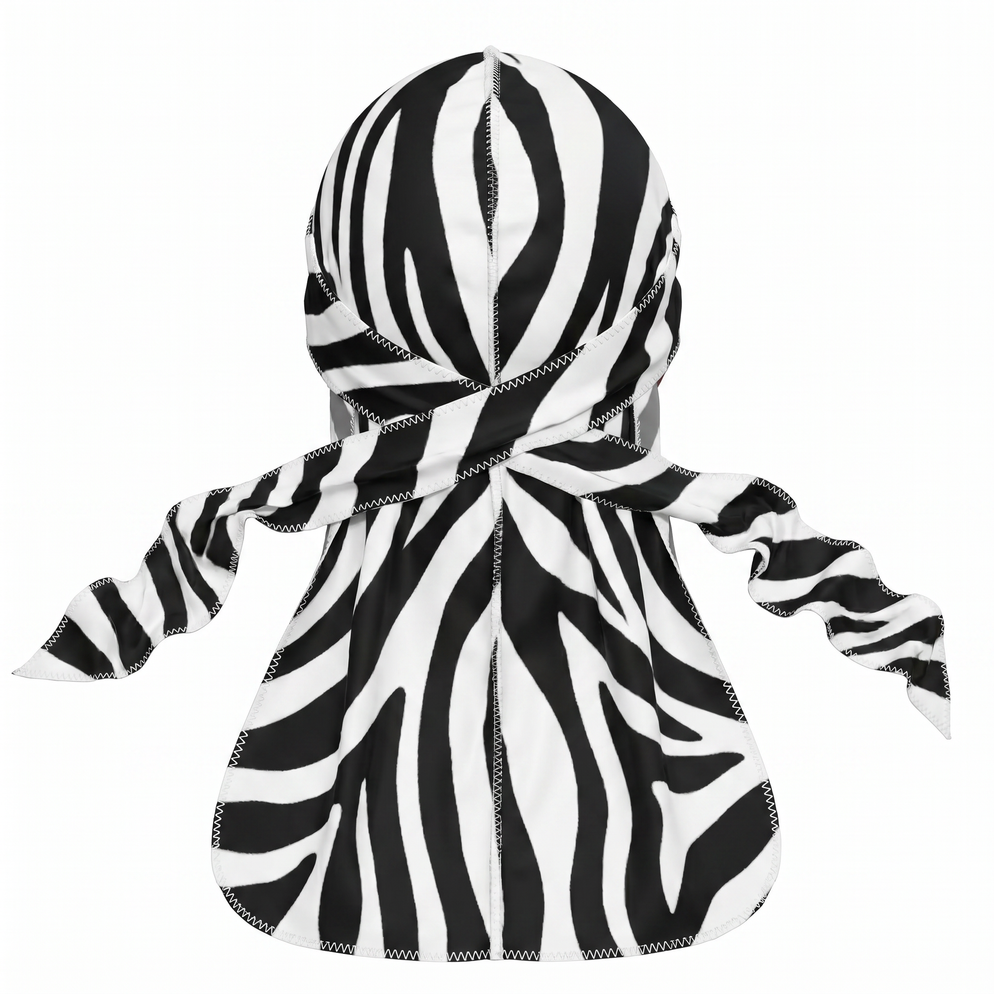 Zebra White animal print Satin Silky Durag - premium silky durag back view showing wrap straps, tail and stitching
