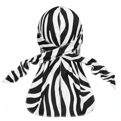 Zebra White animal print Satin Silky Durag - premium silky durag back view showing wrap straps, tail and stitching
