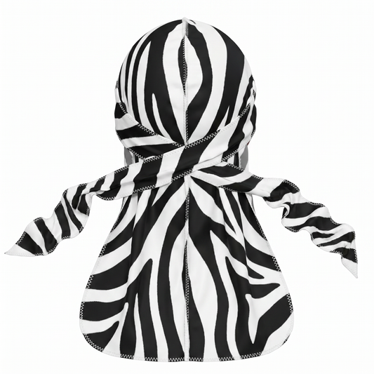 Zebra White animal print Satin Silky Durag - premium silky durag back view showing wrap straps, tail and stitching