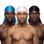 Premium Silk Durag Bundle Turquoise Blue - three models wearing Turquoise Blue, White and Black heavy silky durags