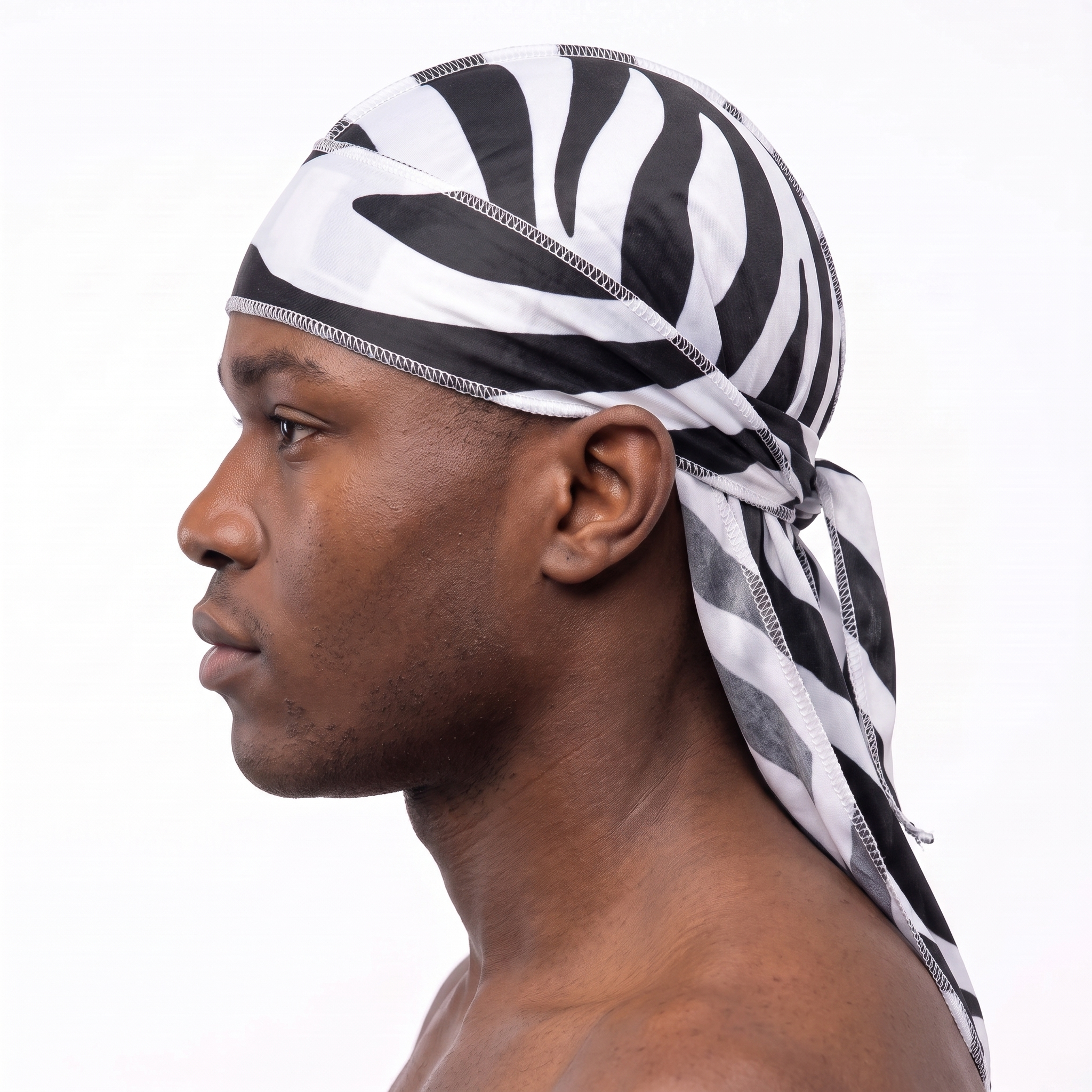 Zebra White animal print Satin Silky Durag worn by male model, side profile showing fit and tail drape