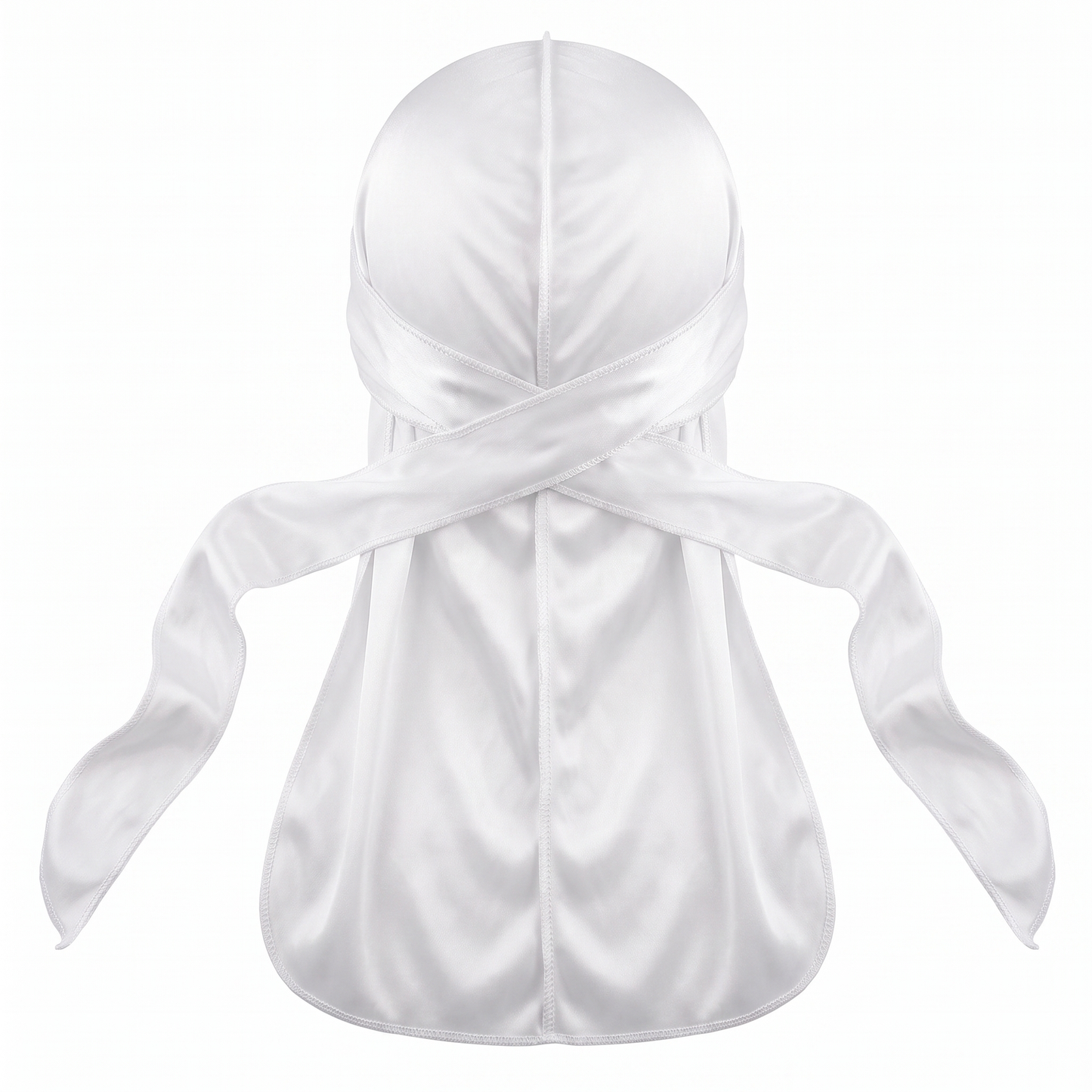 Premium White Silk Durag - premium heavy silky durag back view showing wrap straps, tail and stitching