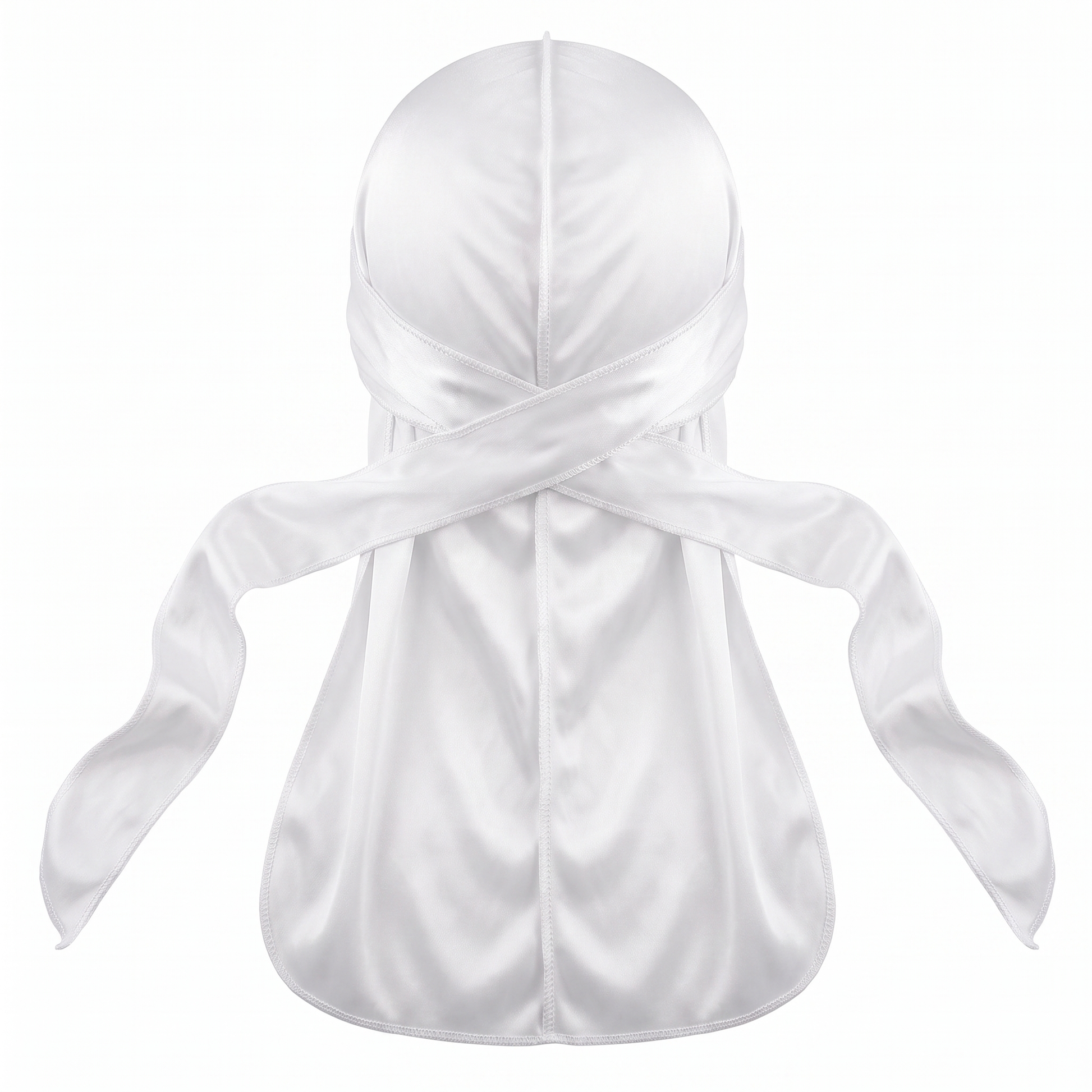 Premium White Silk Durag - premium heavy silky durag back view showing wrap straps, tail and stitching