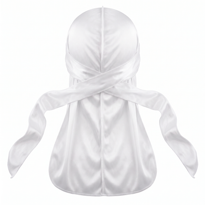 Premium White Silk Durag - premium heavy silky durag back view showing wrap straps, tail and stitching