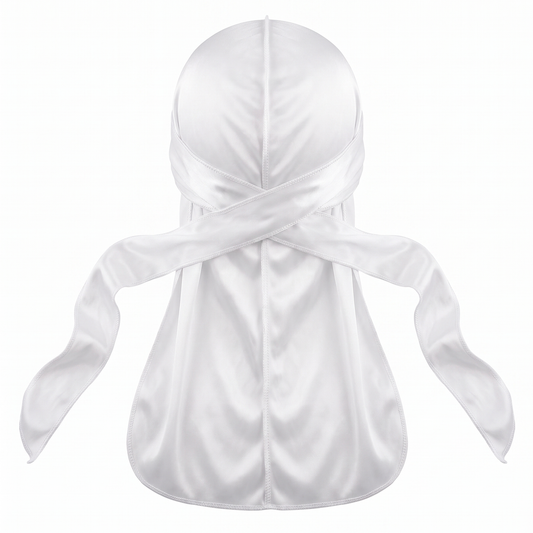 Premium White Silk Durag - premium heavy silky durag back view showing wrap straps, tail and stitching