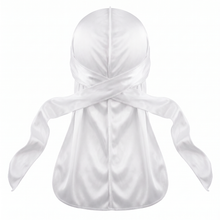 Premium White Silk Durag - premium heavy silky durag back view showing wrap straps, tail and stitching
