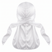 Premium White Silk Durag - premium heavy silky durag back view showing wrap straps, tail and stitching