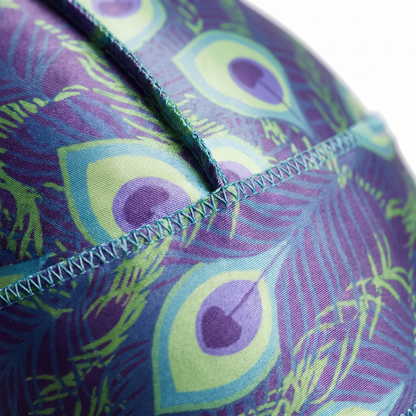 Peacock Shade feather Satin Silky Durag fabric close-up showing Peacock Shade feather print and stitching detail