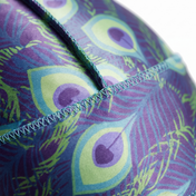 Peacock Shade feather Satin Silky Durag fabric close-up showing Peacock Shade feather print and stitching detail