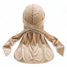 Premium Cream Khaki Velvet Durag - premium velvet durag back view showing wrap straps, tail and stitching