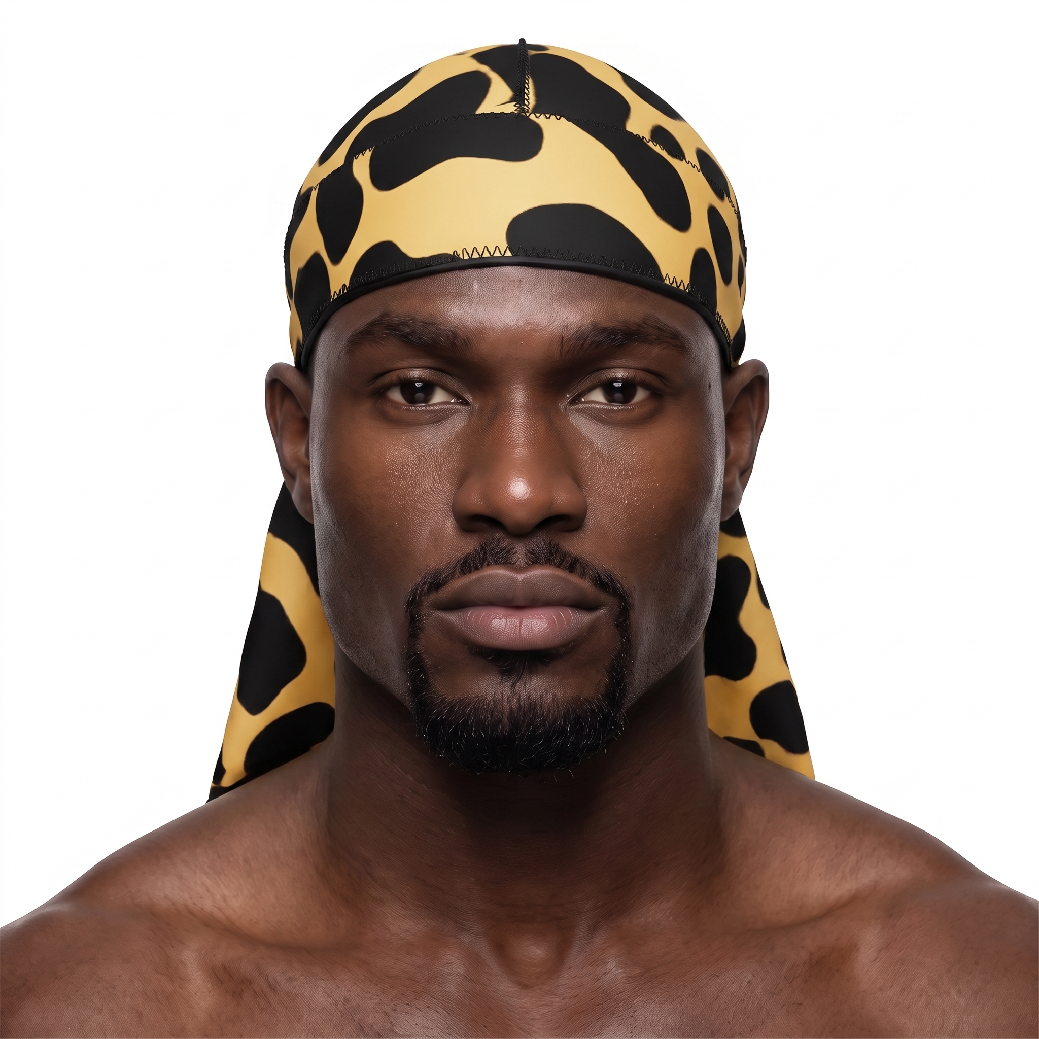Leopard animal print Satin Silky Durag worn by male model, front view on white background