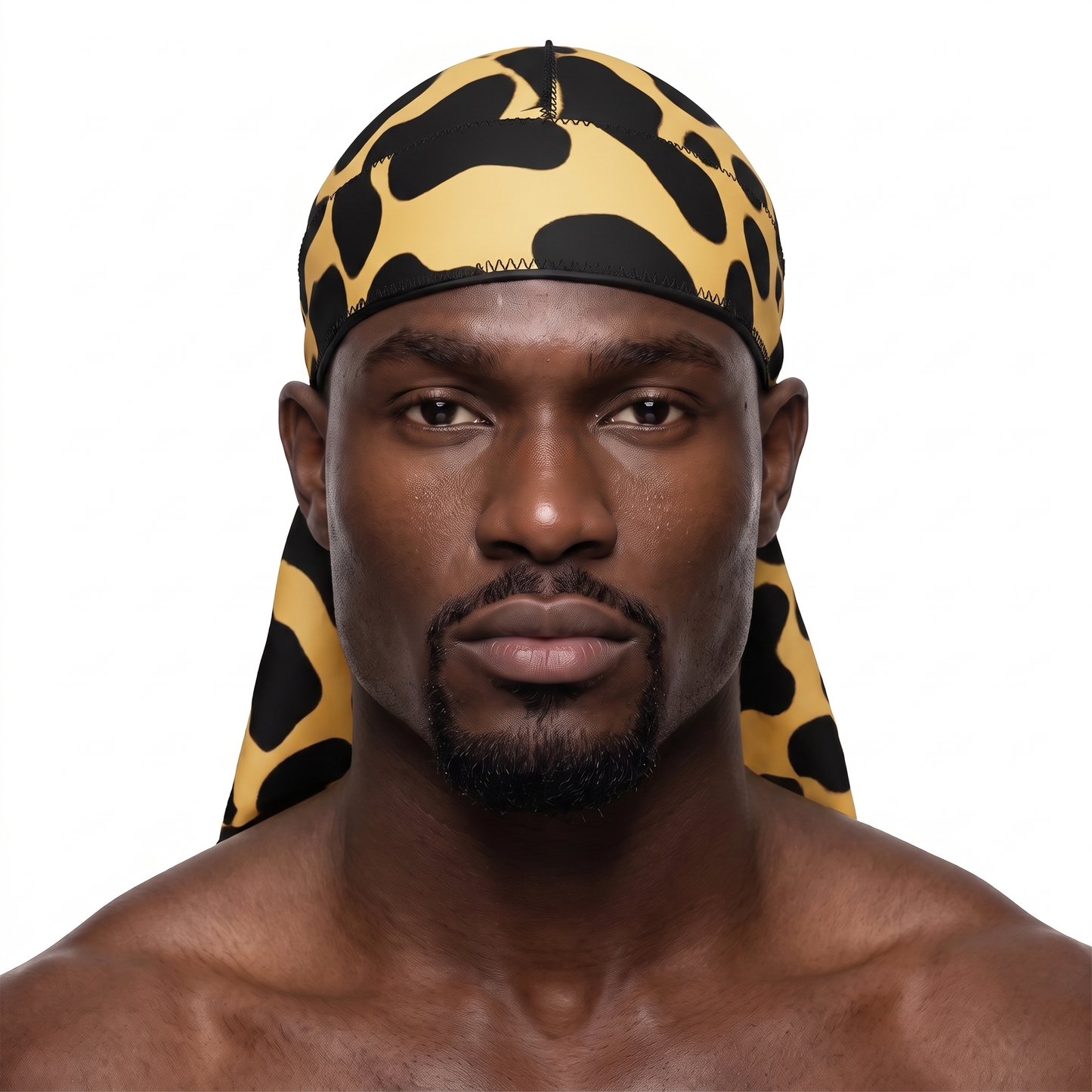 Leopard animal print Satin Silky Durag worn by male model, front view on white background