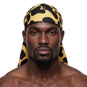 Leopard animal print Satin Silky Durag worn by male model, front view on white background