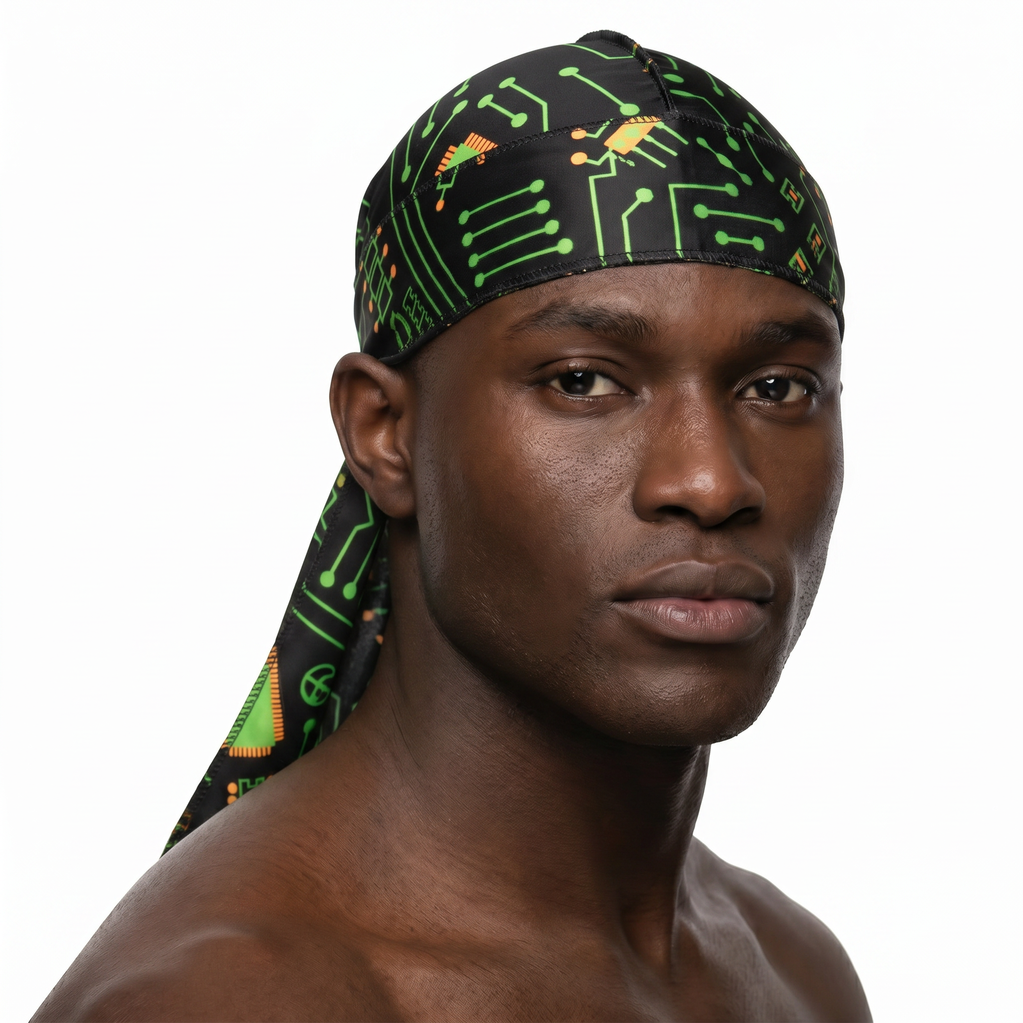Digital Black pixel Satin Silky Durag worn by male model, front view on white background