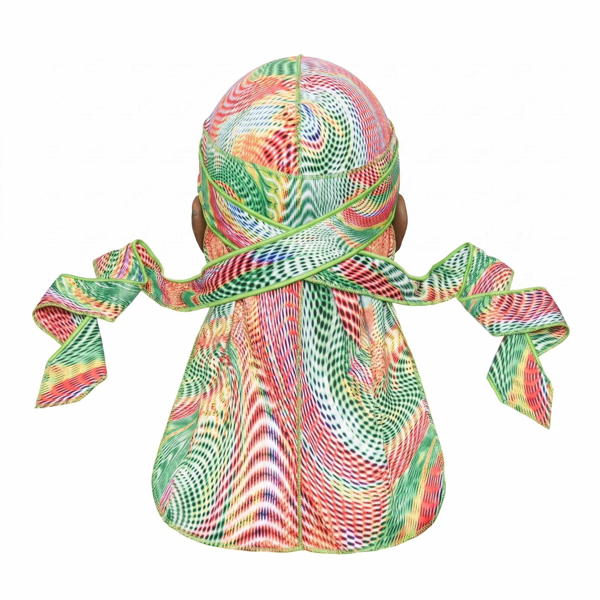 Thermal heat-map optical illusion Satin Silky Durag - premium silky durag back view showing wrap straps, tail and stitching
