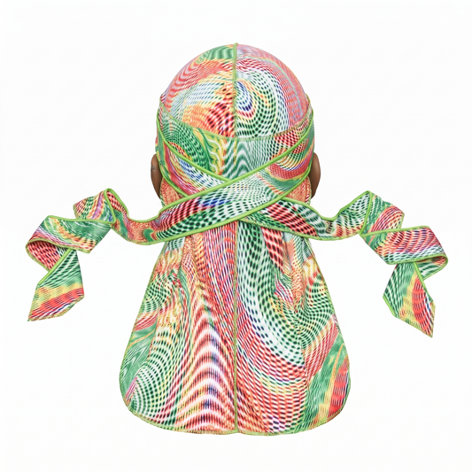 Thermal heat-map optical illusion Satin Silky Durag - premium silky durag back view showing wrap straps, tail and stitching