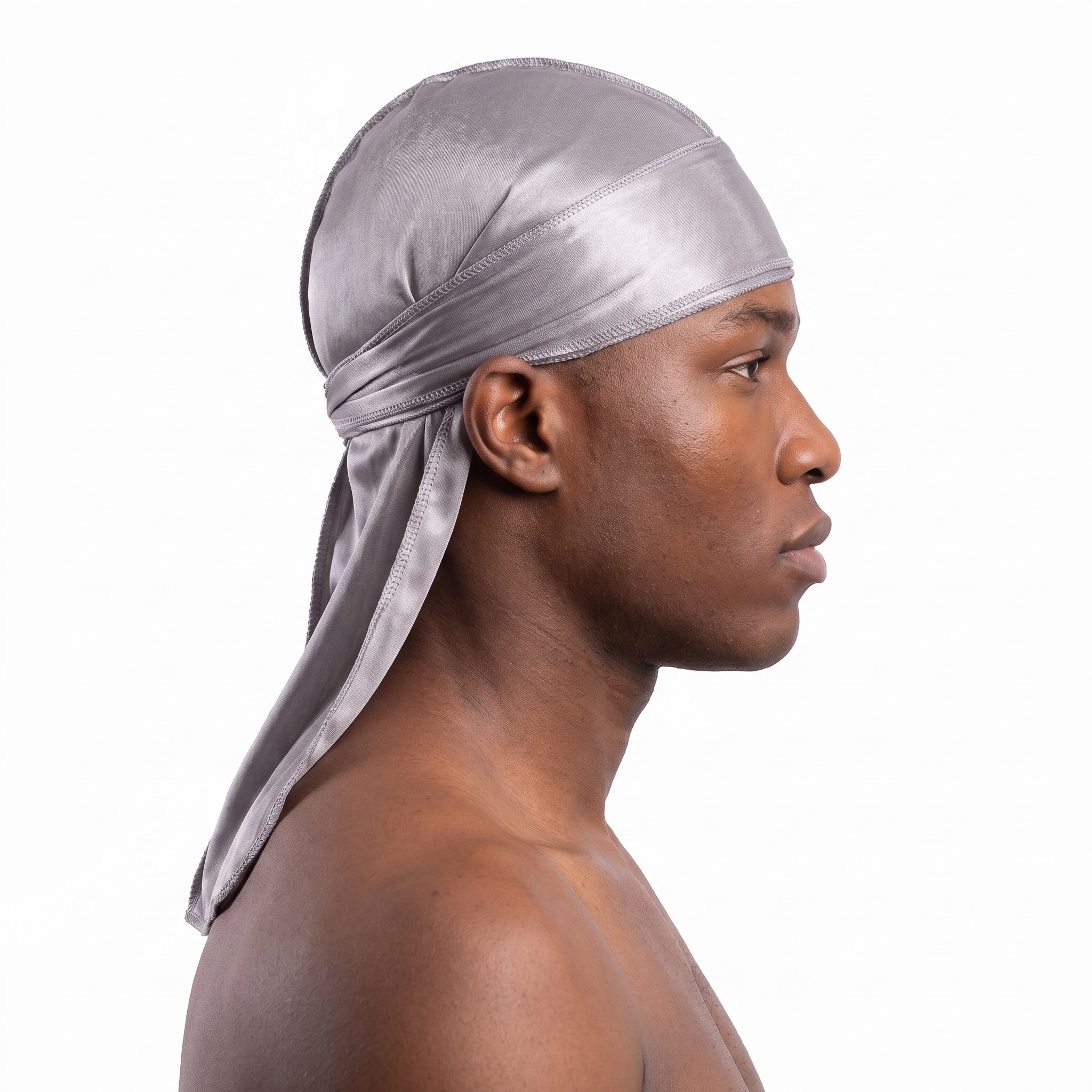 Premium Silver Grey Silk Durag worn by male model, side profile showing fit and tail drape