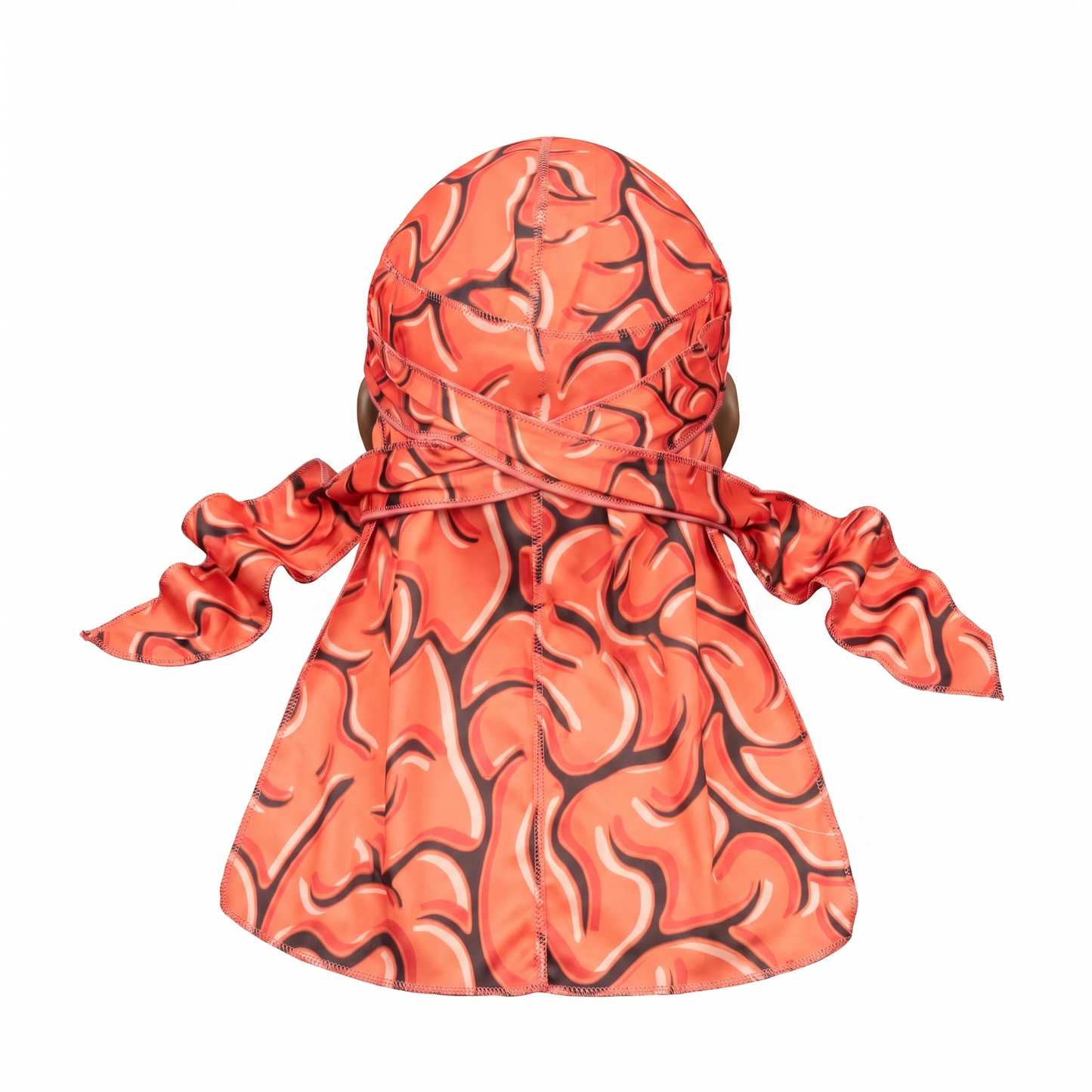 Red Brains graphic Satin Silky Durag - premium silky durag back view showing wrap straps, tail and stitching