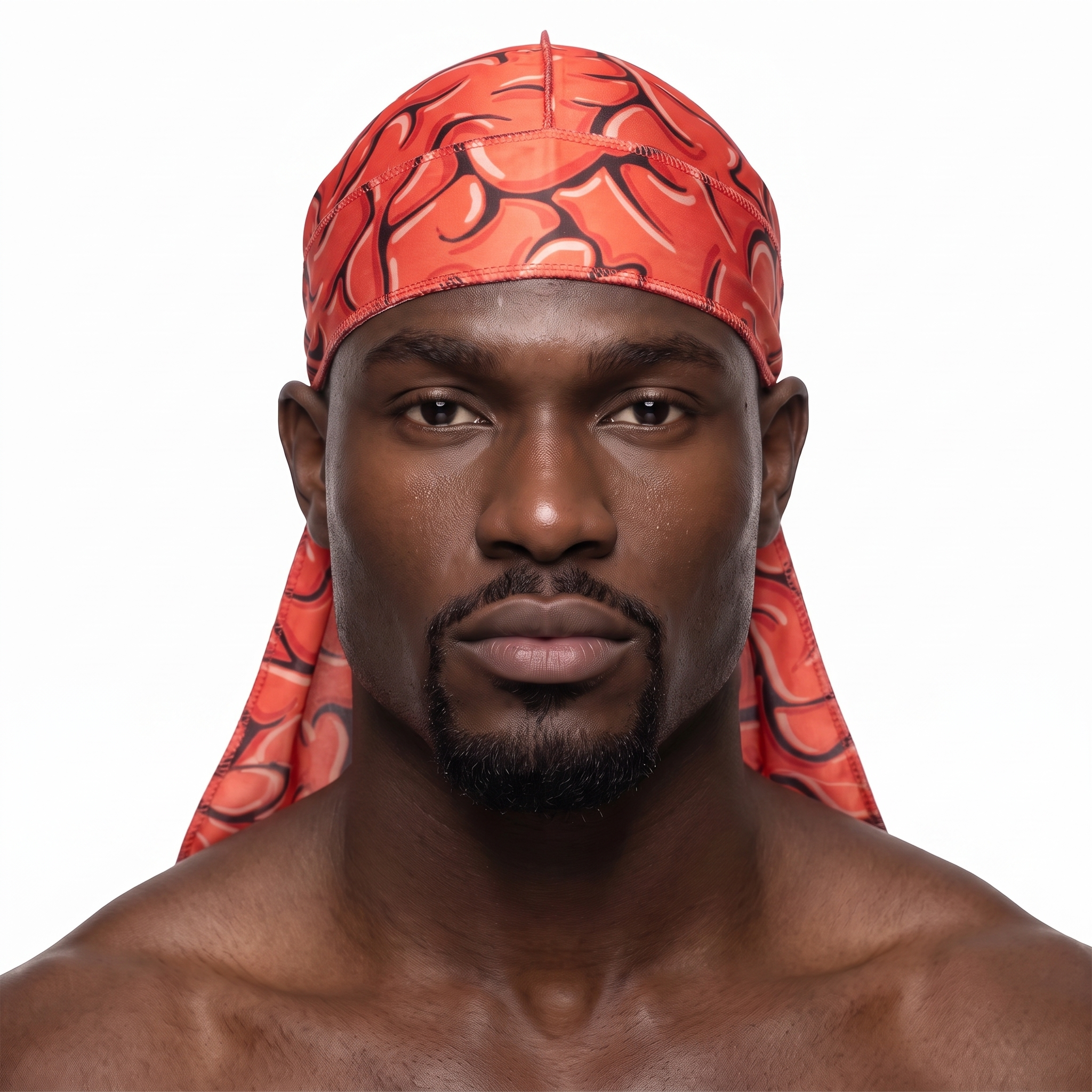 Red Brains graphic Satin Silky Durag worn by male model, front view on white background