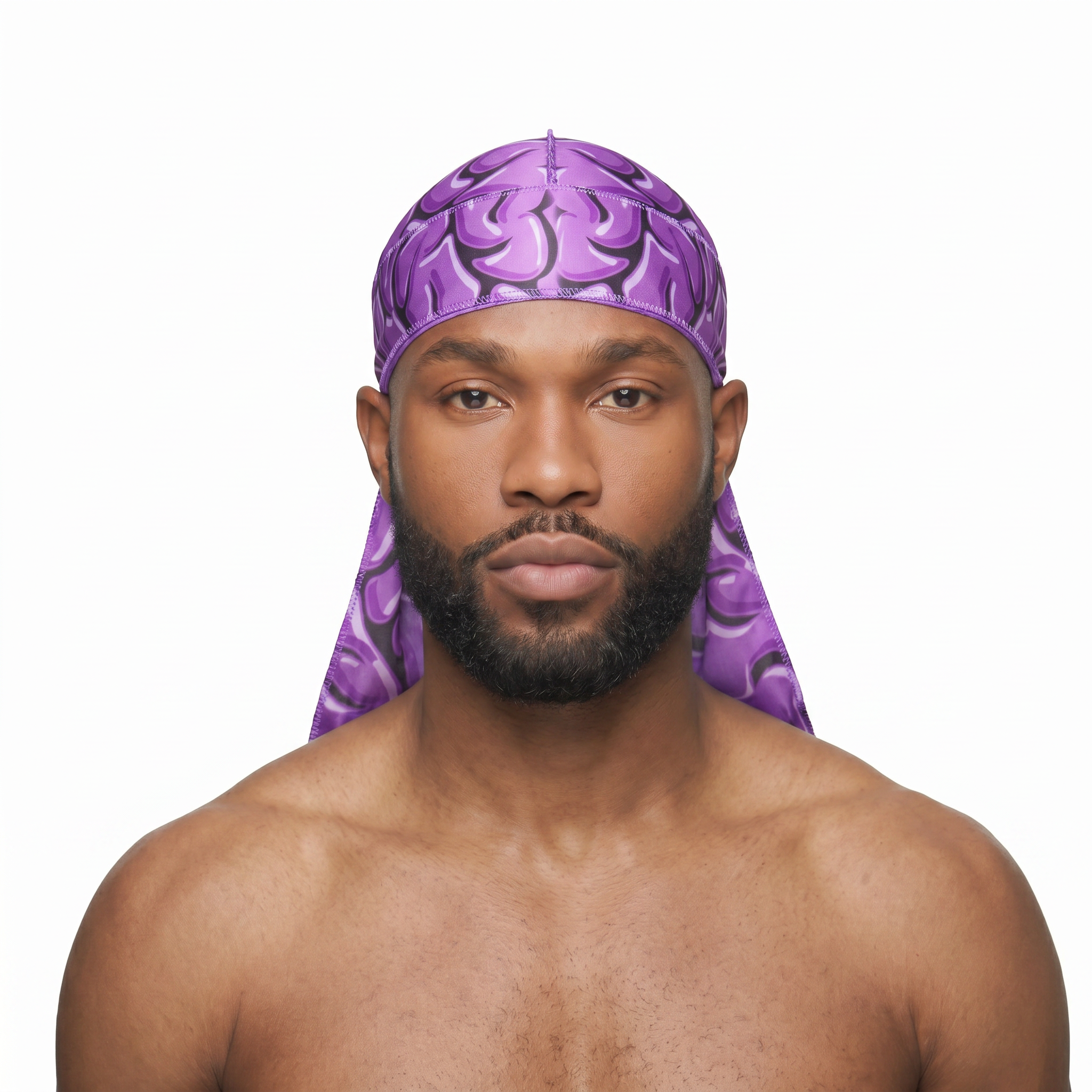Purple Brains graphic Satin Silky Durag worn by male model, front view on white background