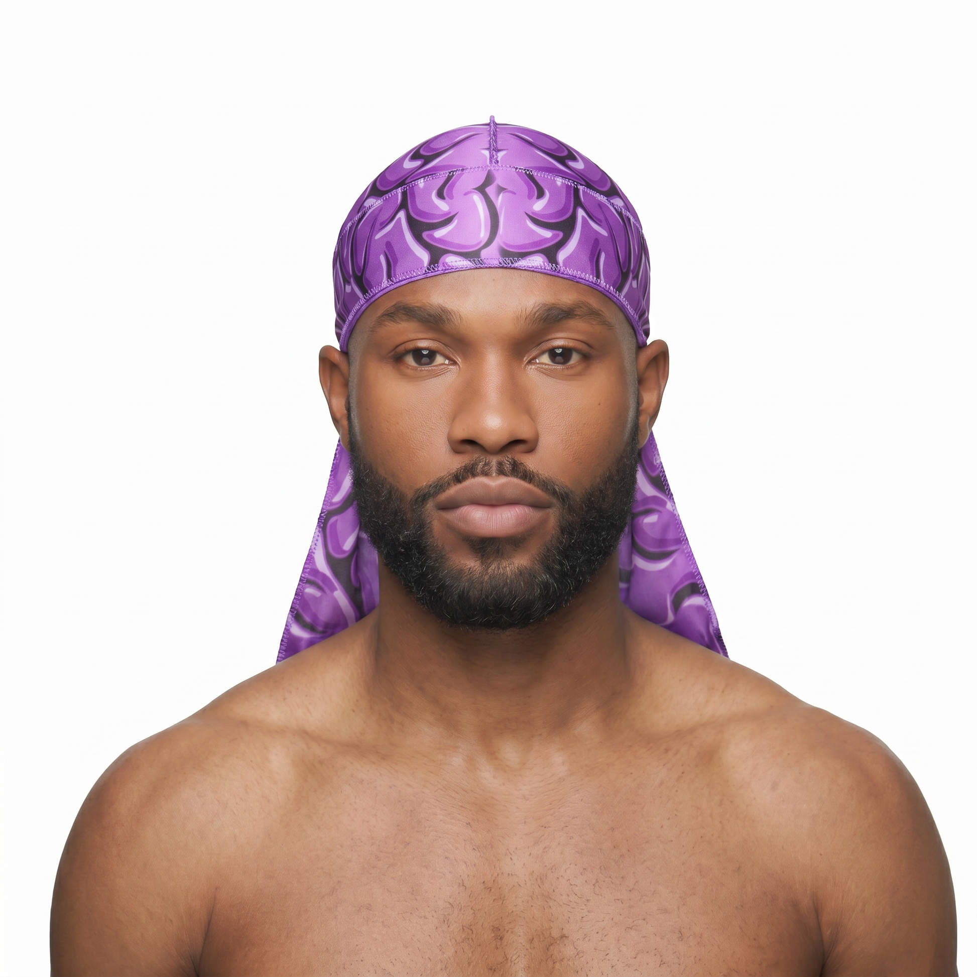 Purple Brains graphic Satin Silky Durag worn by male model, front view on white background