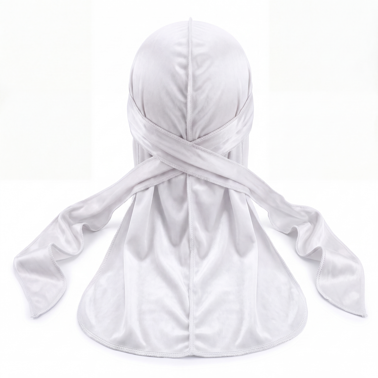 Premium White Velvet Durag - premium velvet durag back view showing wrap straps, tail and stitching