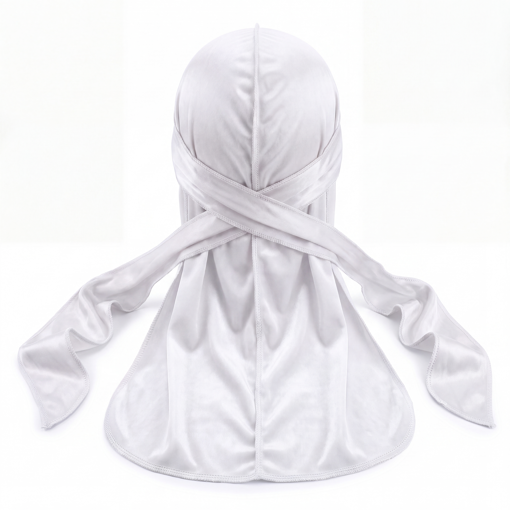 Premium White Velvet Durag - premium velvet durag back view showing wrap straps, tail and stitching