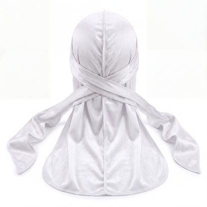 Premium White Velvet Durag - premium velvet durag back view showing wrap straps, tail and stitching