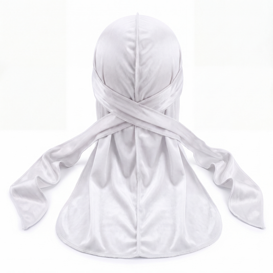 Premium White Velvet Durag - premium velvet durag back view showing wrap straps, tail and stitching