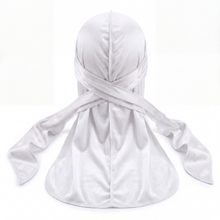 Premium White Velvet Durag - premium velvet durag back view showing wrap straps, tail and stitching