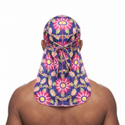 Cinco De Mayo 2.0 festive Satin Silky Durag worn by male model, back view showing tied wrap and tail
