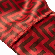 Red and Brown Maze geometric Satin Silky Durag fabric close-up showing Red and Brown Maze geometric print and stitching detail