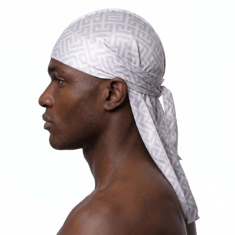 Ash Grey Maze geometric Satin Silky Durag worn by male model, side profile showing fit and tail drape