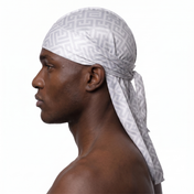 Ash Grey Maze geometric Satin Silky Durag worn by male model, side profile showing fit and tail drape