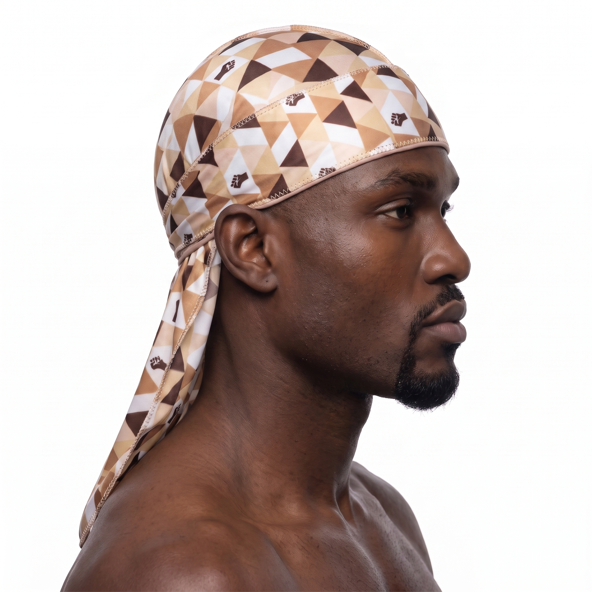 Black Power graphic Satin Silky Durag worn by male model, side profile showing fit and tail drape