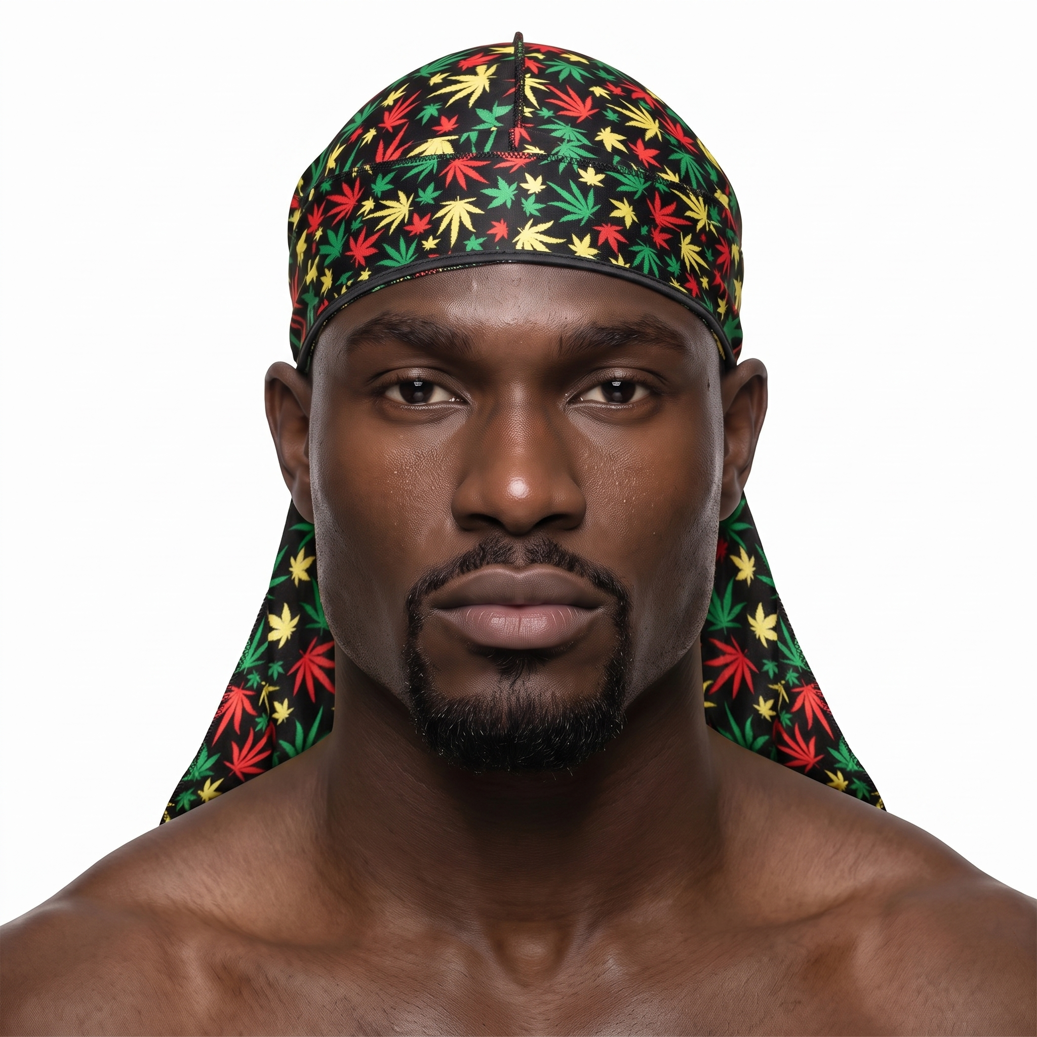 Rasta stripes Satin Silky Durag worn by male model, front view on white background