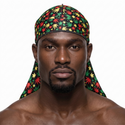 Rasta stripes Satin Silky Durag worn by male model, front view on white background