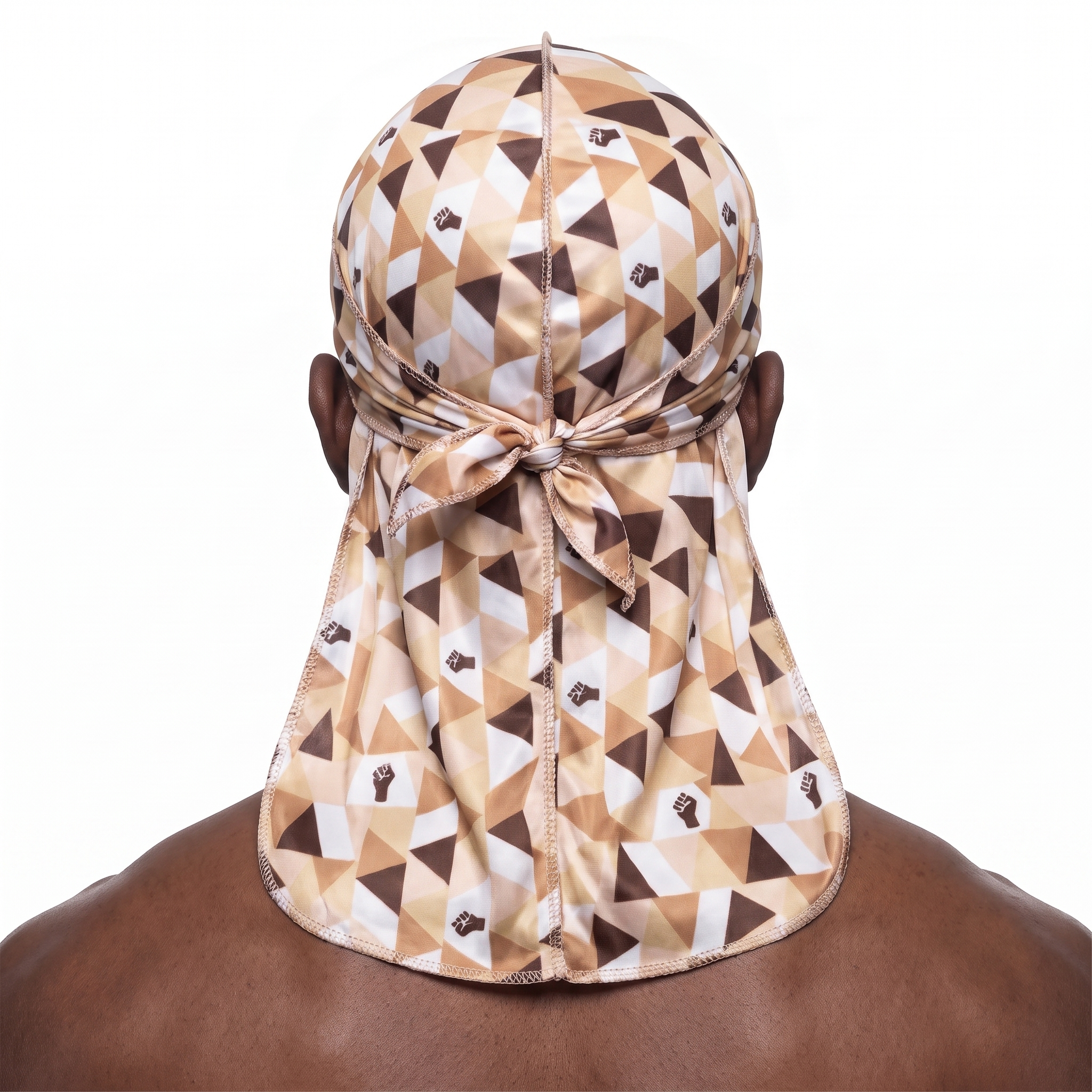 Black Power graphic Satin Silky Durag worn by male model, back view showing tied wrap and tail