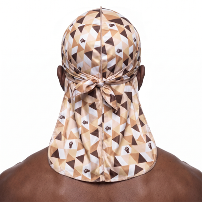 Black Power graphic Satin Silky Durag worn by male model, back view showing tied wrap and tail