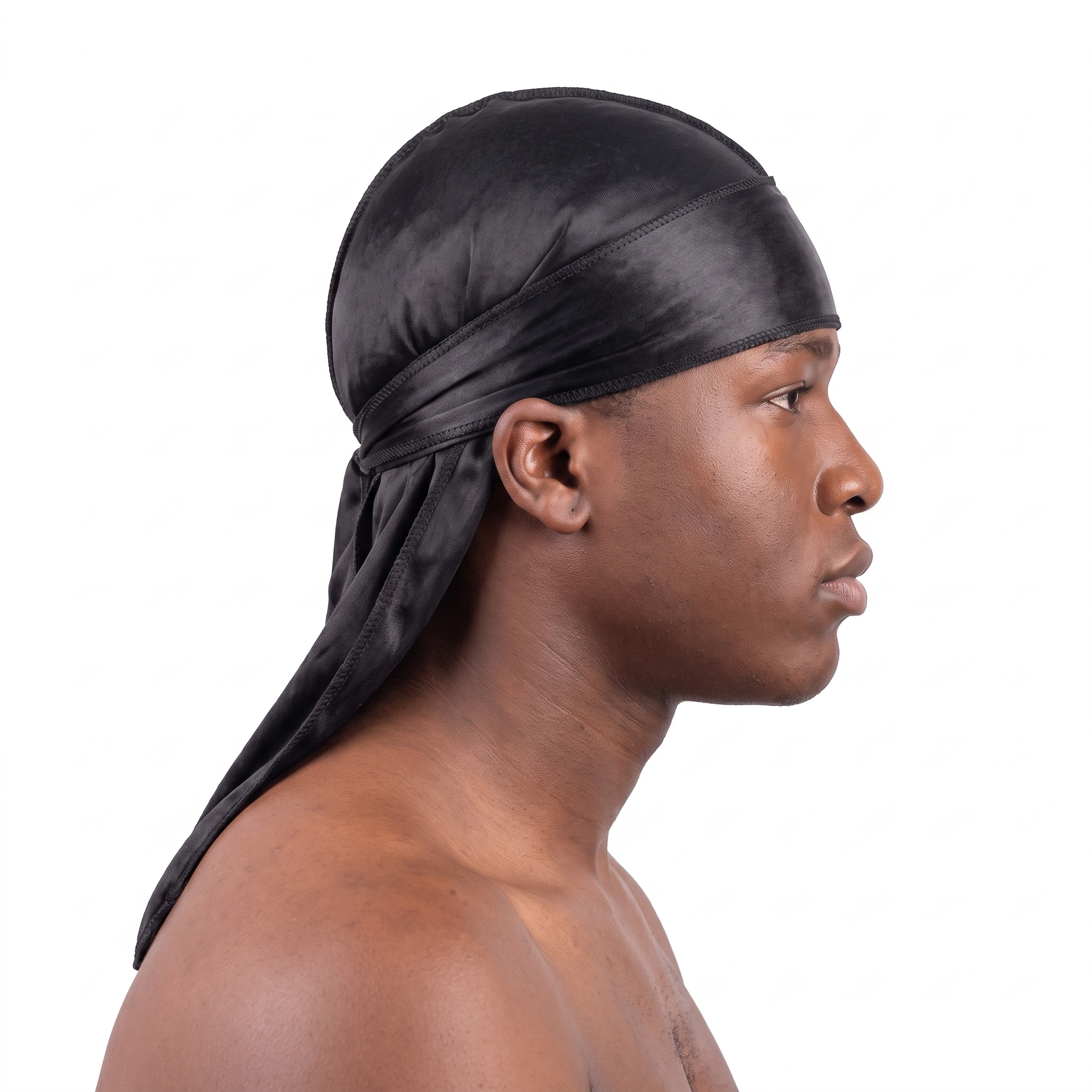 Premium Black Silk Durag worn by male model, side profile showing fit and tail drape