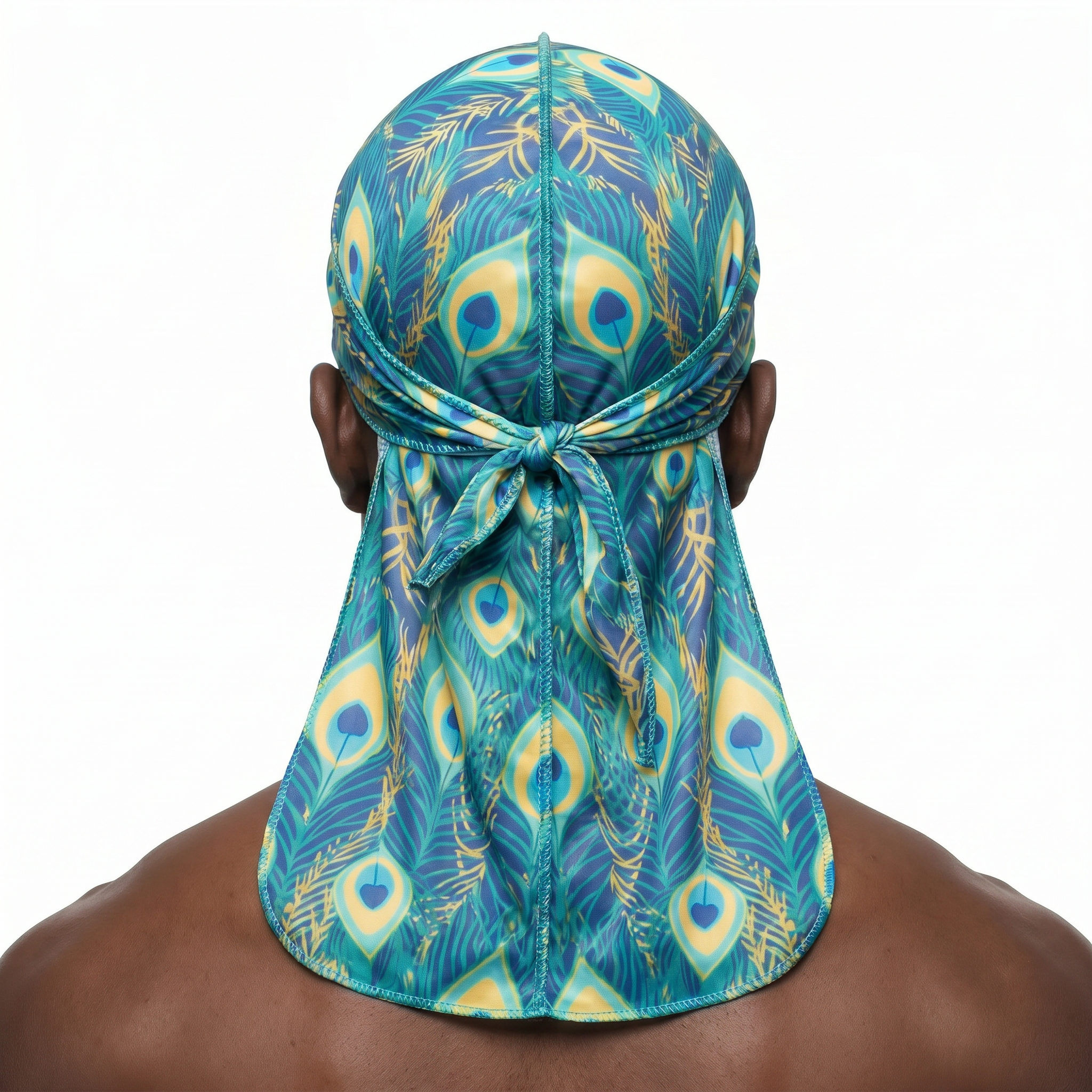 Peacock Bright feather Satin Silky Durag worn by male model, back view showing tied wrap and tail