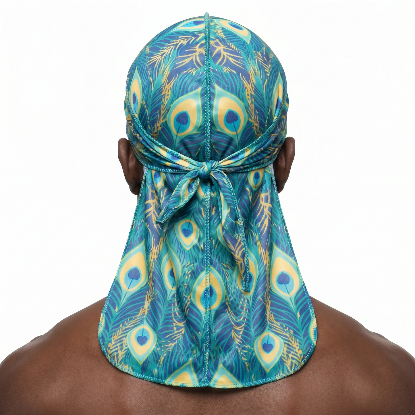 Peacock Bright feather Satin Silky Durag worn by male model, back view showing tied wrap and tail