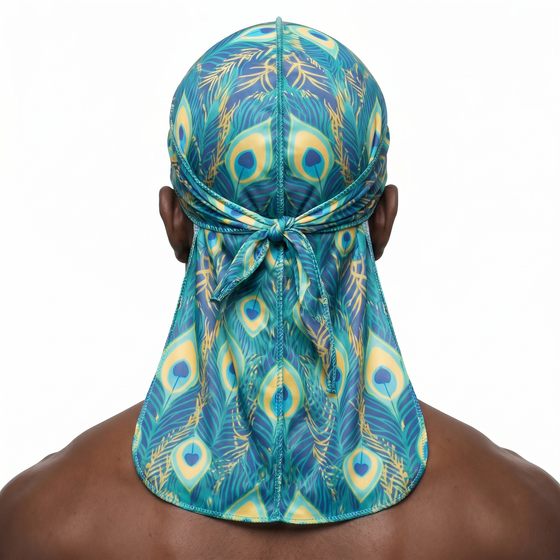 Peacock Bright feather Satin Silky Durag worn by male model, back view showing tied wrap and tail